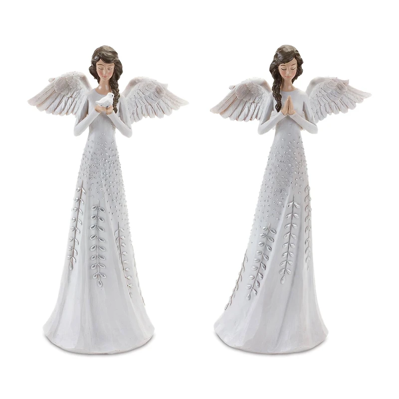 12" Angel Figurines with Silver Floral Accent Set