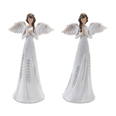 12" Angel Figurines with Silver Floral Accent Set
