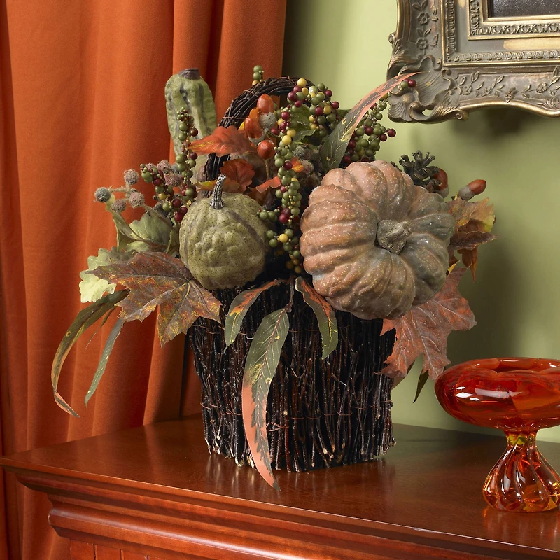 15" Green Fall Pumpkin & Berry Table Arrangement in Twig Base