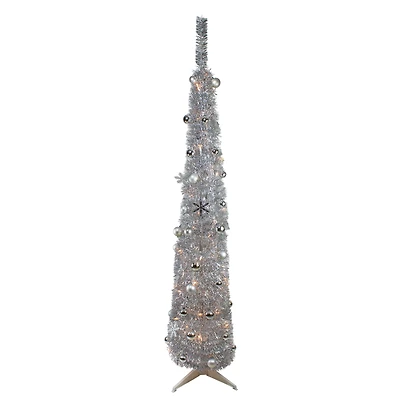 6ft. Pre-Lit Silver Pre-Decorated Pop-Up Artificial Christmas Tree, Clear Lights