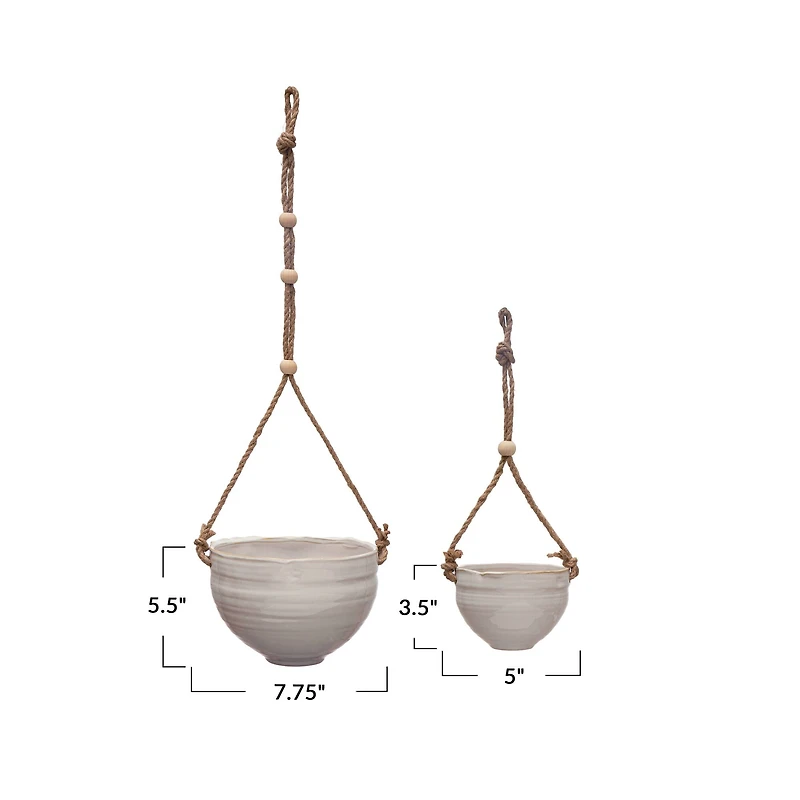 Hello Honey® 7.5" Hanging Stoneware Planter with Wood Beaded Rope
