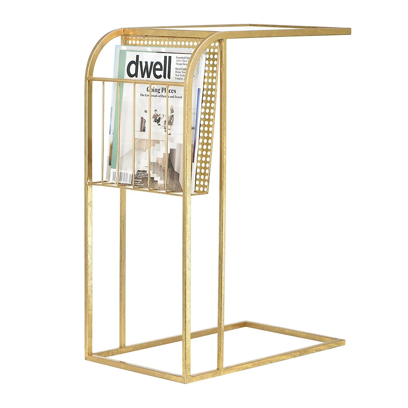 Hello Honey® 28'' Gold Metal Side Table with Magazine Rack and Glass Top