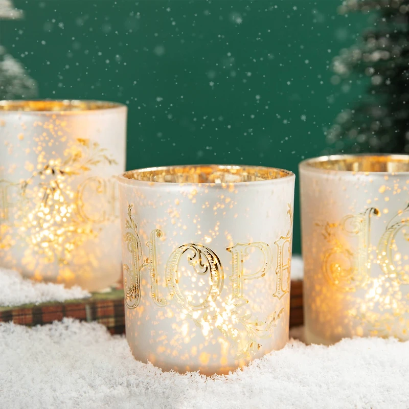 Glitzhome® 4" Joy, Peace, & Hope Candle Holder Set
