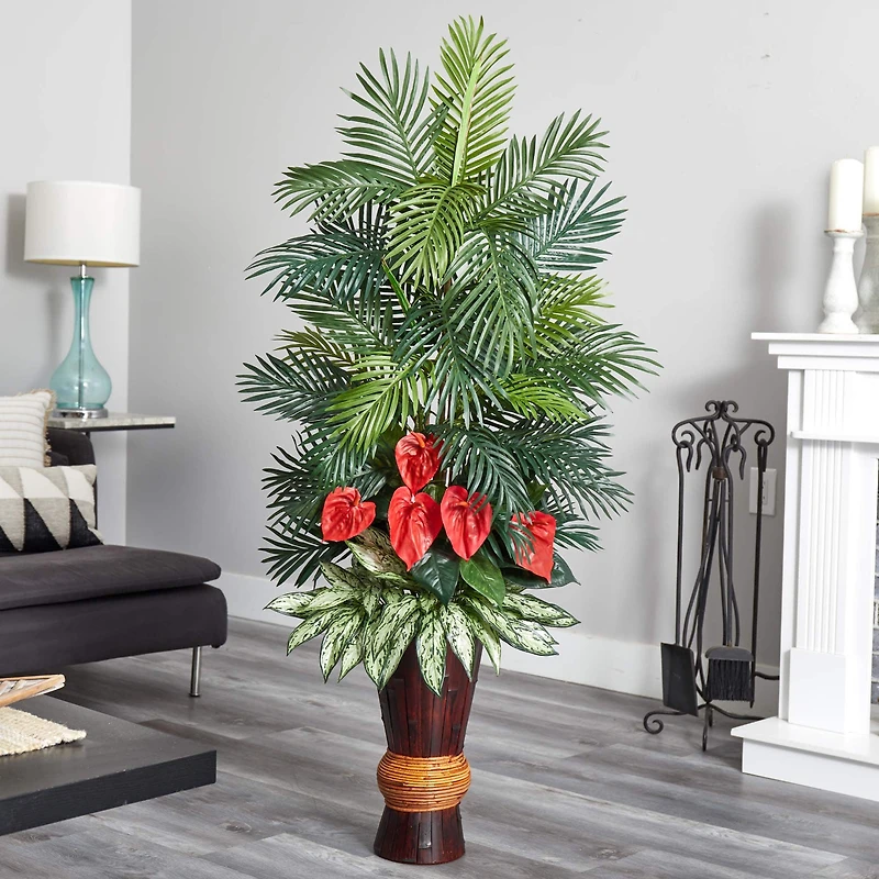 5ft. Areca & Mixed Greens Plant in Bamboo Planter
