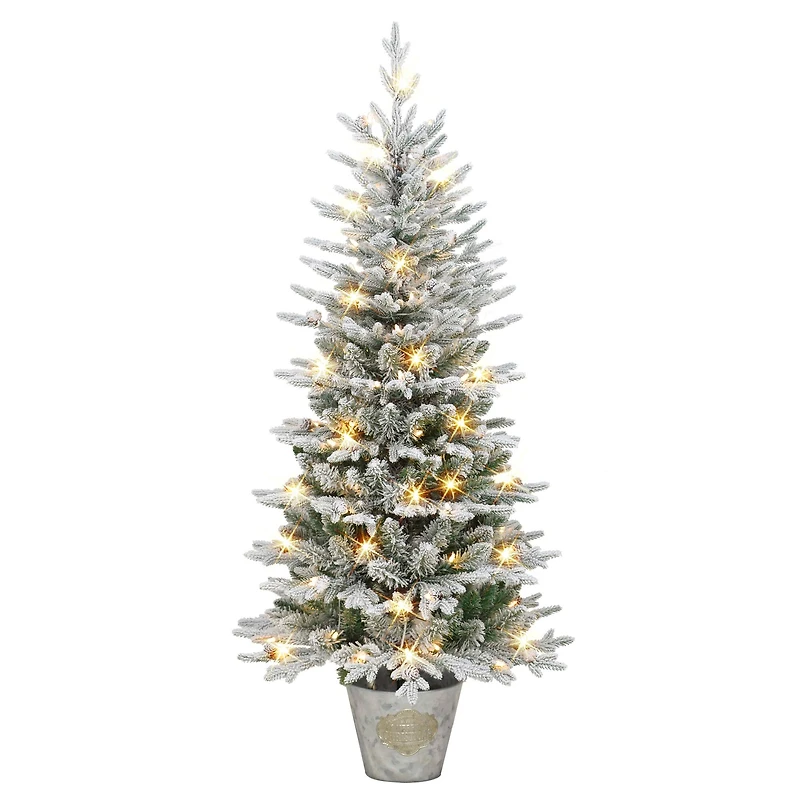 6ft. Pre-Lit Flocked Artificial Christmas Tree in Metal Planter, Clear Lights