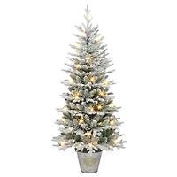 6ft. Pre-Lit Flocked Artificial Christmas Tree in Metal Planter, Clear Lights