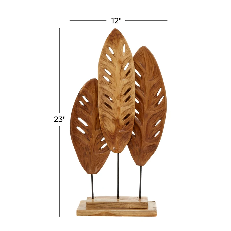 Brown Teak Wood Natural Leaves Sculpture, 23" x 12" x 5"