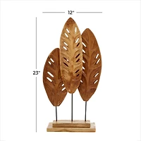 Brown Teak Wood Natural Leaves Sculpture, 23" x 12" x 5"