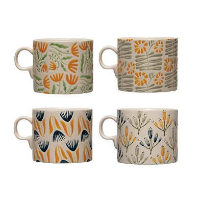 Hello Honey® 18oz. Multicolor Hand-Painted Stoneware Mug Set with Wax Relief Flower Design