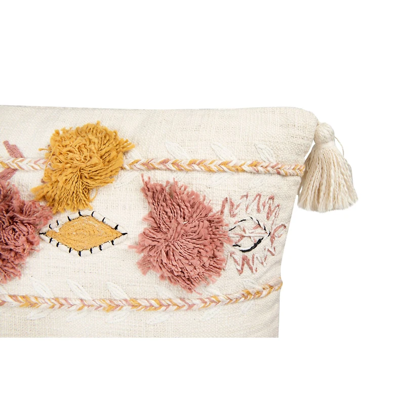 White Embroidered & Appliqued Pillow with Pom Poms & Tassels