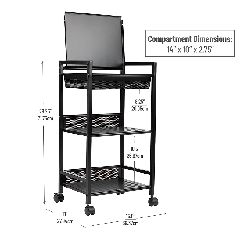 Mind Reader Cart with Covered Compartment, Office Organizer, Storage, 3-Tier, Office, Metal
