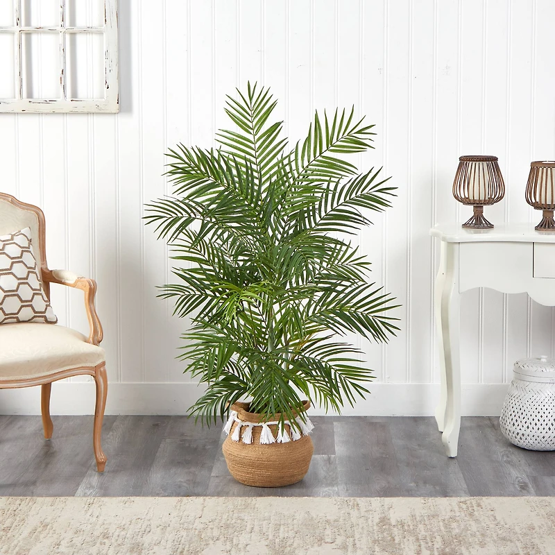 4ft. Areca Artificial Palm in Boho Chic Handmade Natural Cotton Woven Planter with Tassels