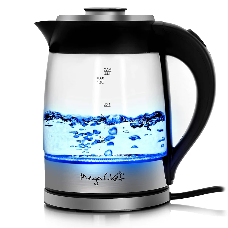 MegaChef 1.8L Cordless Glass & Stainless Steel Electric Tea Kettle with Tea Infuser