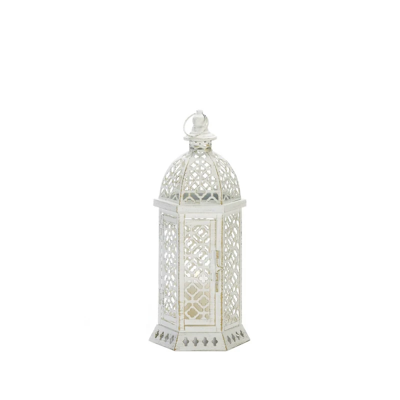 15.5" White Cutwork Hexagon Lantern