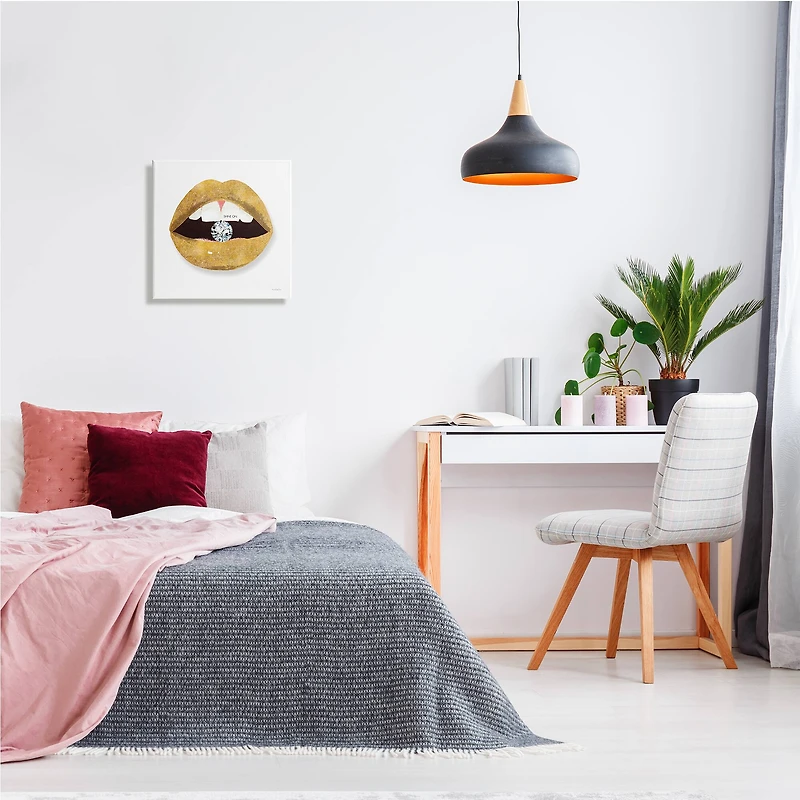 Stupell Industries Shine On Sentiment Gold Lips Glam Diamond Bite Canvas Wall Art