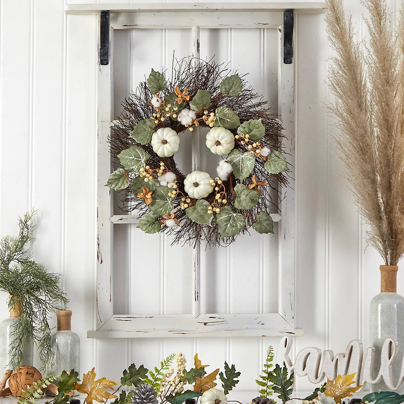 22" Autumn Green Pumpkin, Cotton & Berries Fall Wreath