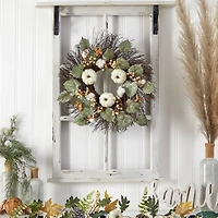 22" Autumn Green Pumpkin, Cotton & Berries Fall Wreath