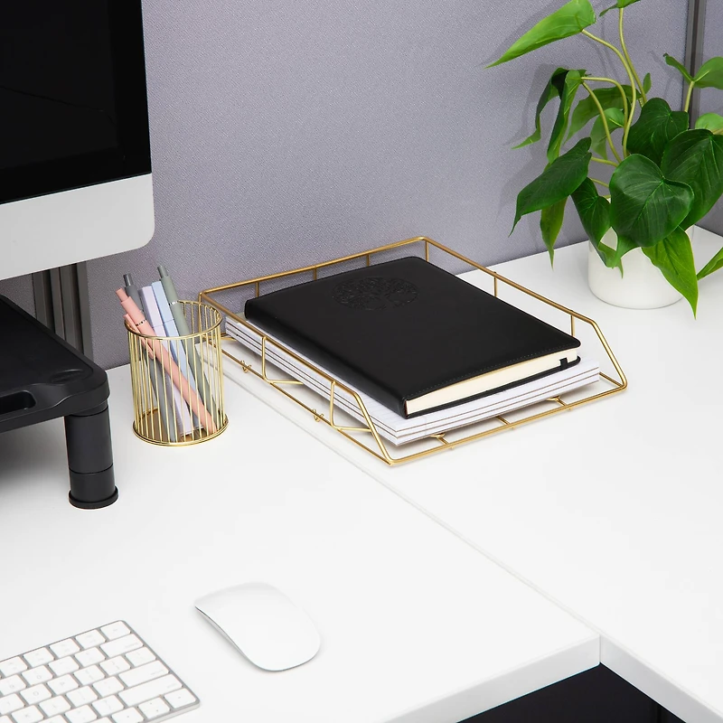 Mind Reader Gold Geometric Paper Tray, Modern Organizer for Documents, Folders, and Office Supplies, Durable and Stylish, Metal, Gold