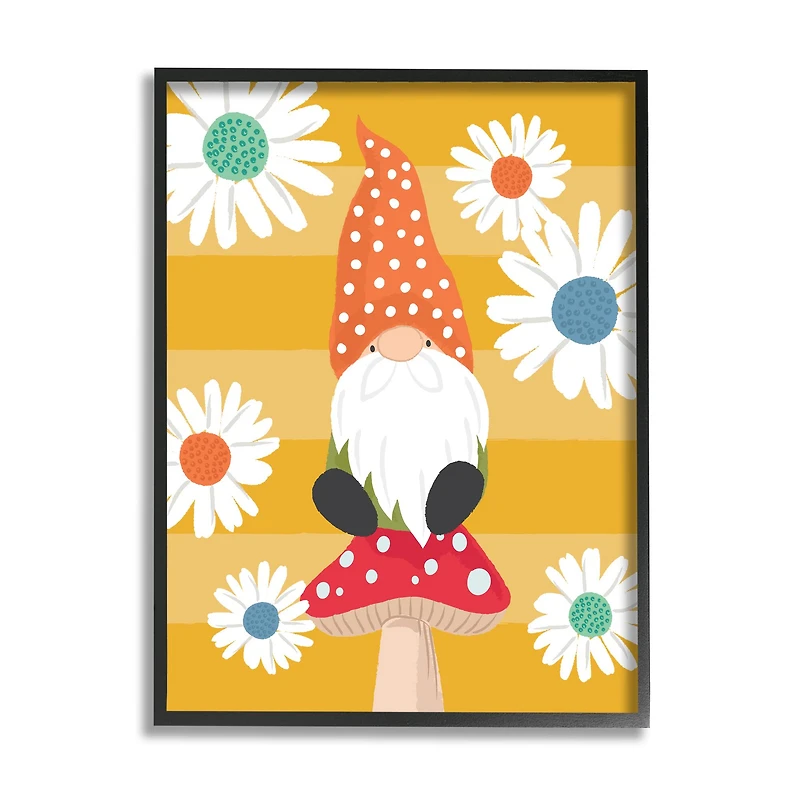 Stupell Industries Mushroom Garden Gnome White Daisies Yellow Stripes in Frame Wall Art