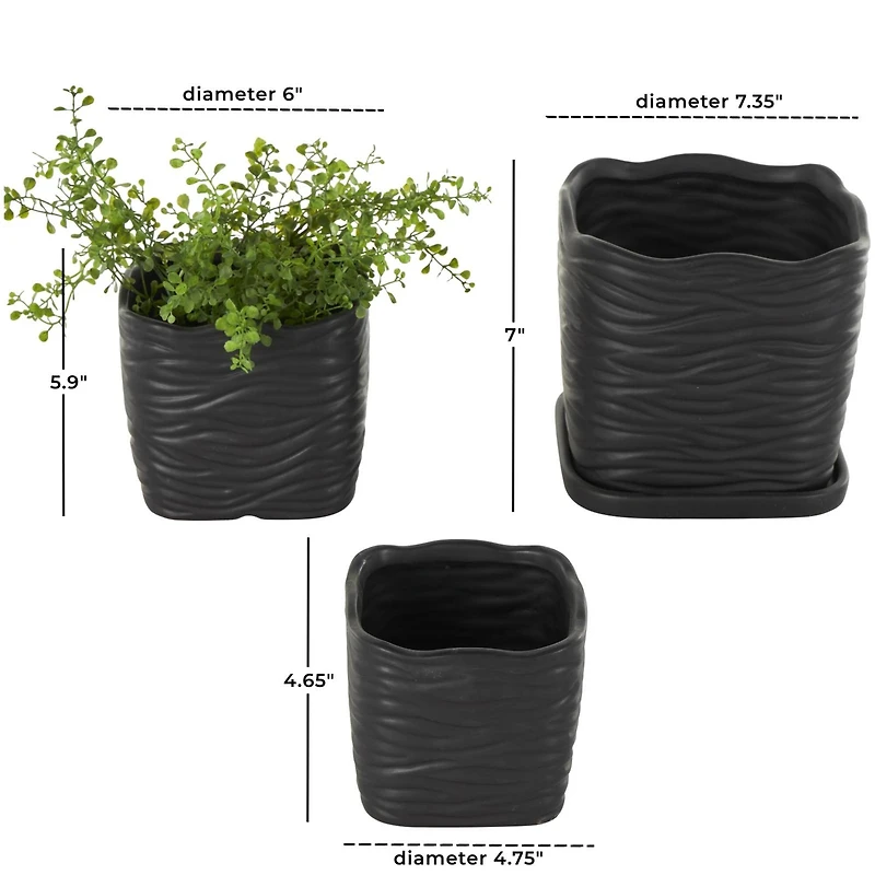 Black Wavy Ribbed Ceramic Planter Set