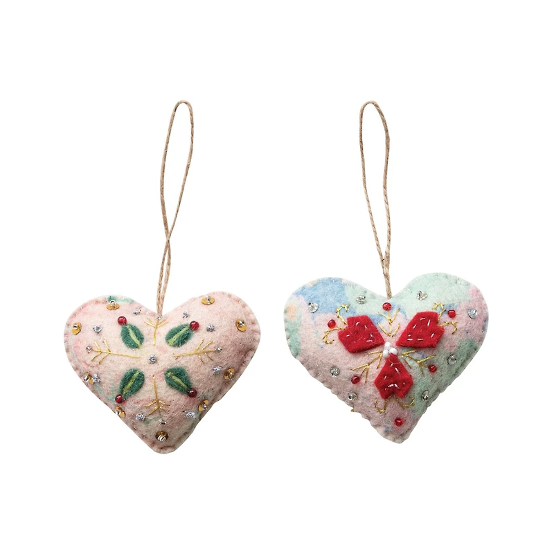 Hello Honey® Handmade Wool Felt Heart Ornament Set with Applique, Embroidery & Sequins