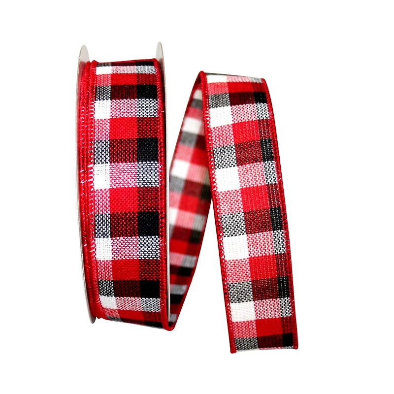 JAM Paper 1.5" x 20yd. Wired Cabin Natural Woolen Buffalo Check Ribbon