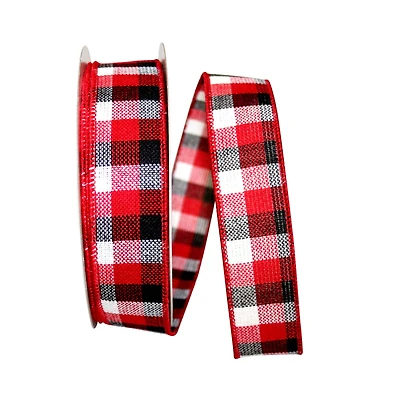 JAM Paper 1.5" x 20yd. Wired Cabin Natural Woolen Buffalo Check Ribbon