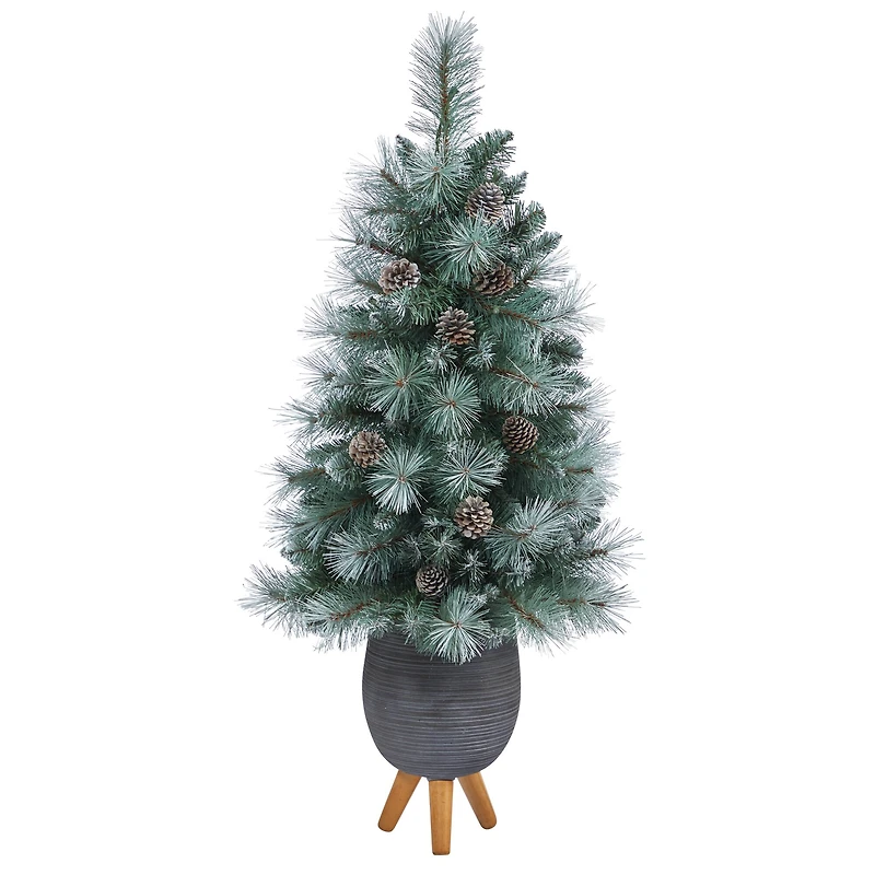 3.5ft. Pre-Lit Frosted Tip British Columbia Mountain Pine Artificial Christmas Tree in Gray Tripod Planter, Clear Lights