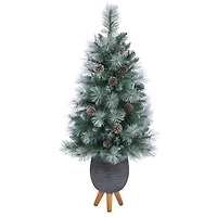 3.5ft. Pre-Lit Frosted Tip British Columbia Mountain Pine Artificial Christmas Tree in Gray Tripod Planter, Clear Lights