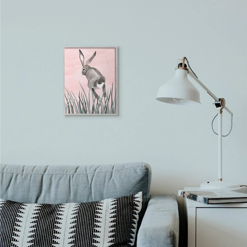 Stupell Industries Bunny Rabbit Jump Grass Wall Art in Gray Frame