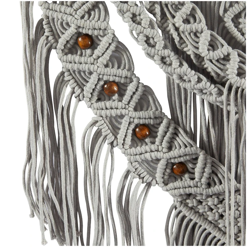 Gray Cotton Handmade Intricately Weaved Macrame Wall Decor with Beaded Fringe Tassels 32" x 1" x 42"