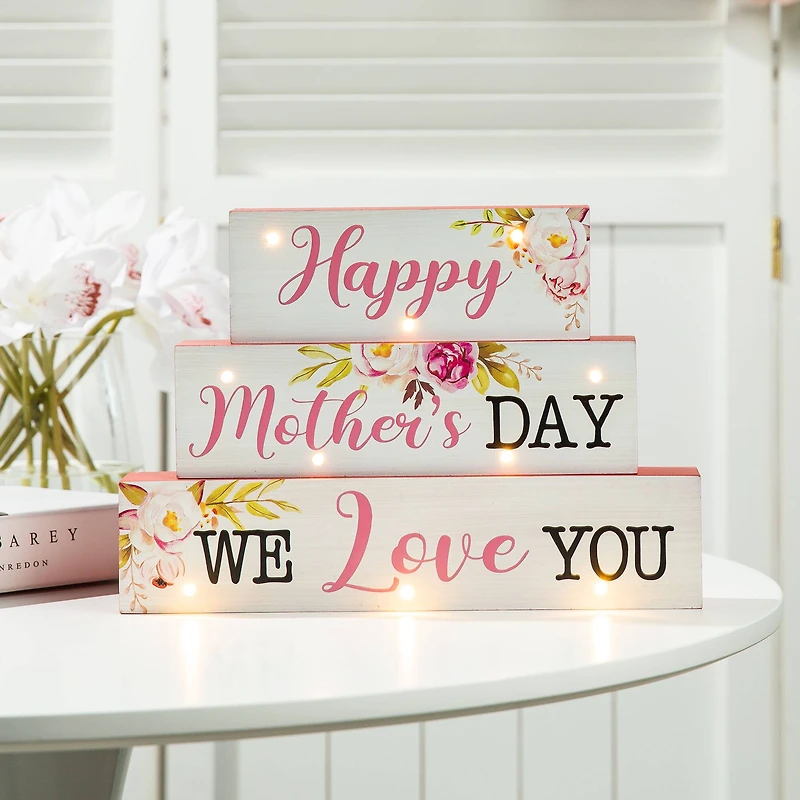 Glitzhome® 12" Lighted Wood Happy Mother's Day Block Sign