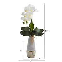 24" Phalaenopsis Orchid Artificial Arrangement in Stoneware Vase with Gold Trimming