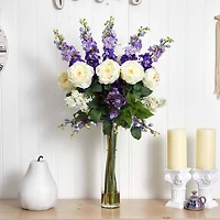 3ft. Rose, Delphinium & Lilac Arrangement in Glass Vase