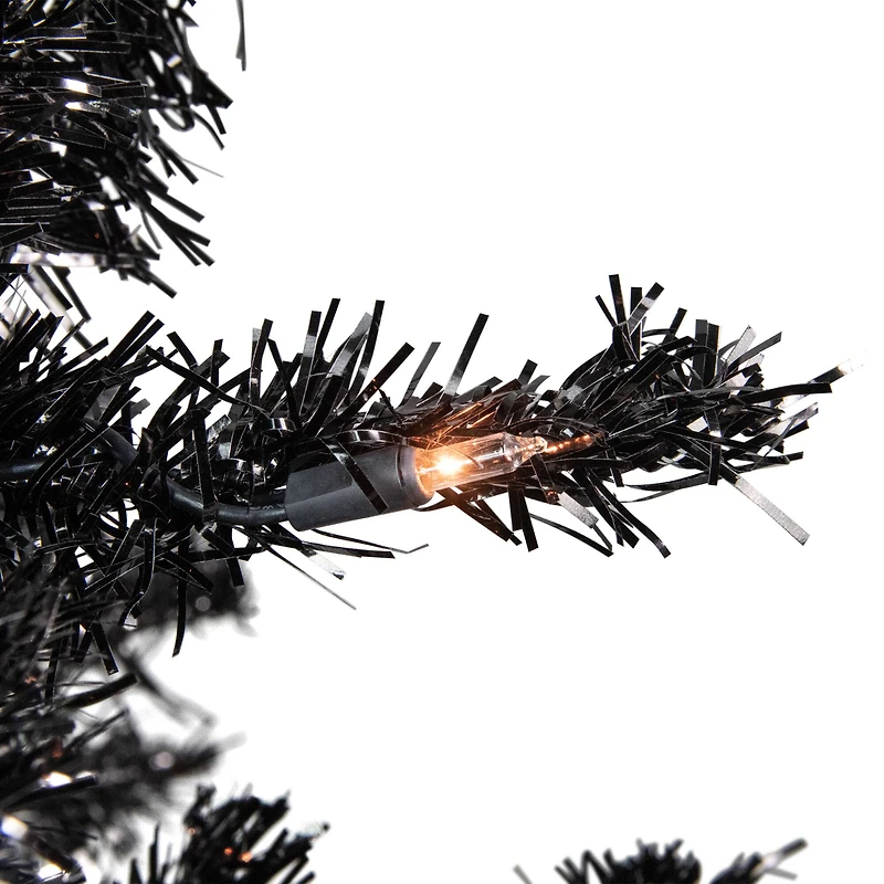 6ft. Pre-Lit Black Tinsel Artificial Christmas Tree, Clear Lights