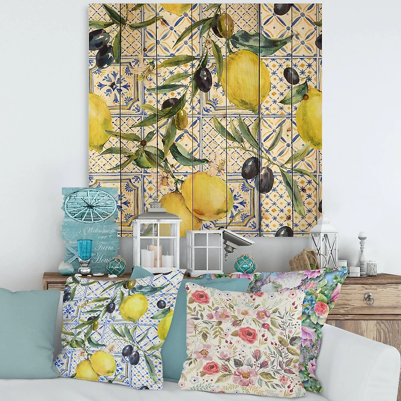 Designart - Lemon Ornament On Blue Geometrical Pattern III