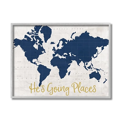 Stupell Industries He's Going Places Blue World Map Wall Accent with Gray Frame