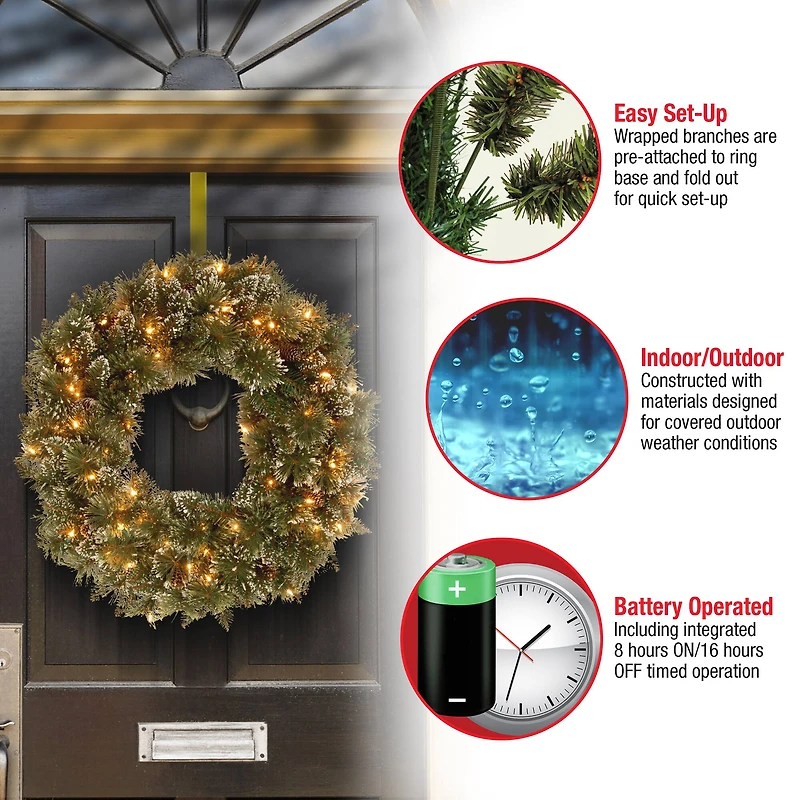 24" Glittery Bristle® Pine Wreath with Pine Cones & Warm White LED Lights