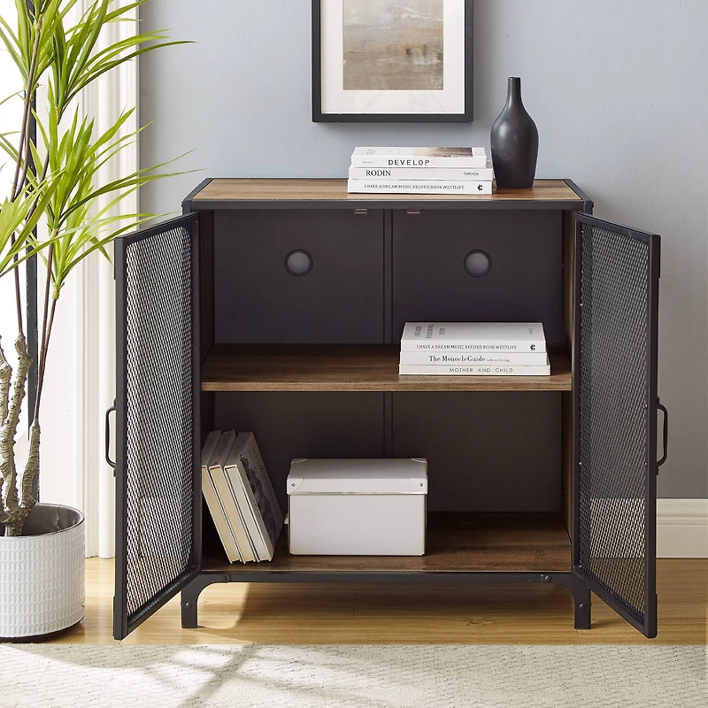 Walker Edison 30" Reclaimed Barnwood Industrial Mesh Metal Door Accent Cabinet