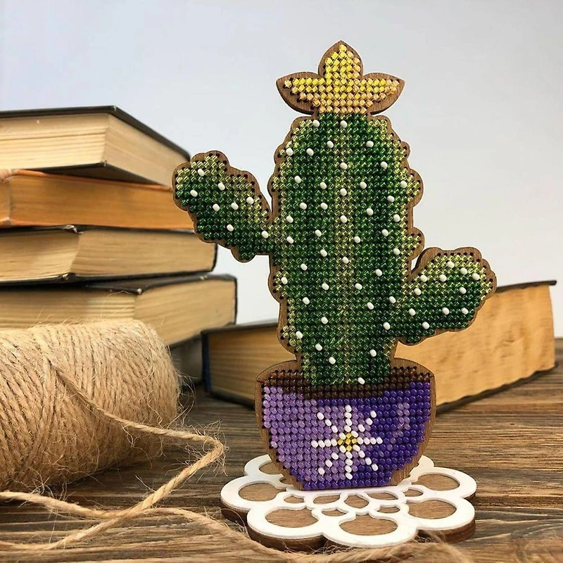Wonderland Crafts Cactus in Purple Bowl Bead Embroidery on Wood Kit
