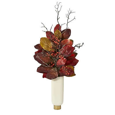 3ft. Autumn Magnolia Leaf & Berries in White Planter