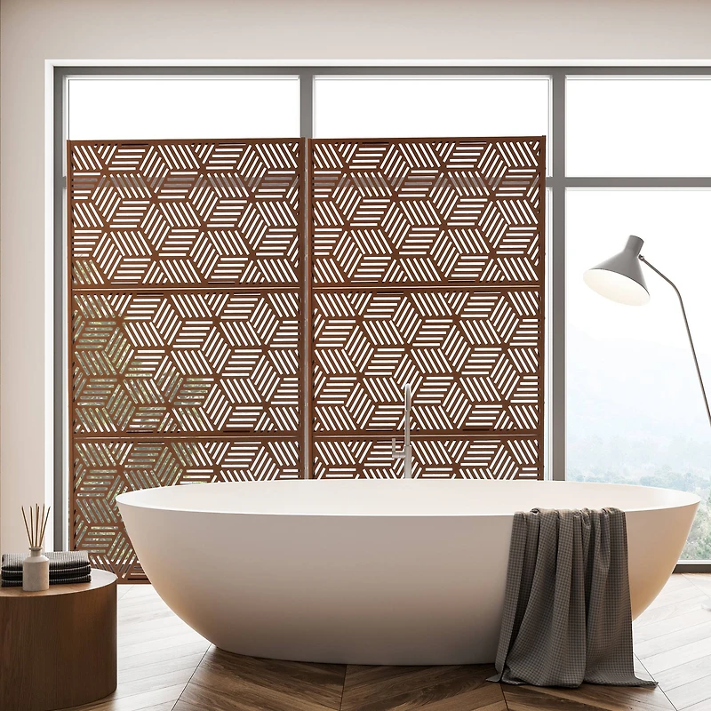 Glitzhome® 6ft. Brown Galvanized Steel Geometric Pattern Privacy Screen Fence Panel & Room Divider