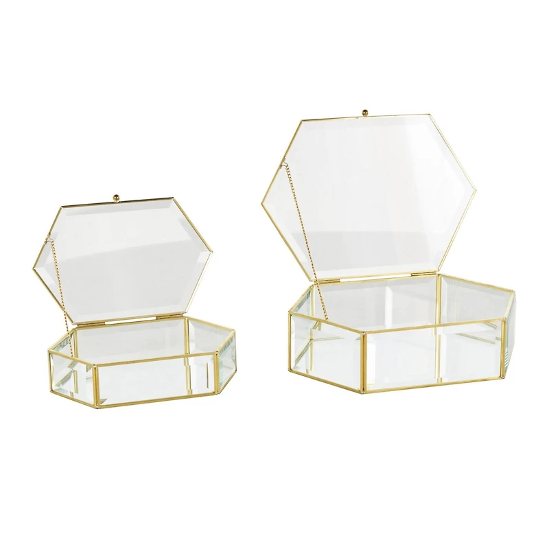 Clear & Gold Beveled Glass & Metal Wide Hexagon Jewelry Box with Chain Accent Set