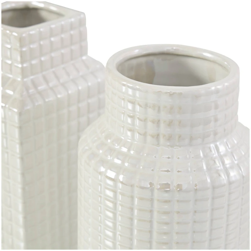 8" Cream Ceramic Geometric Textured Vase Set