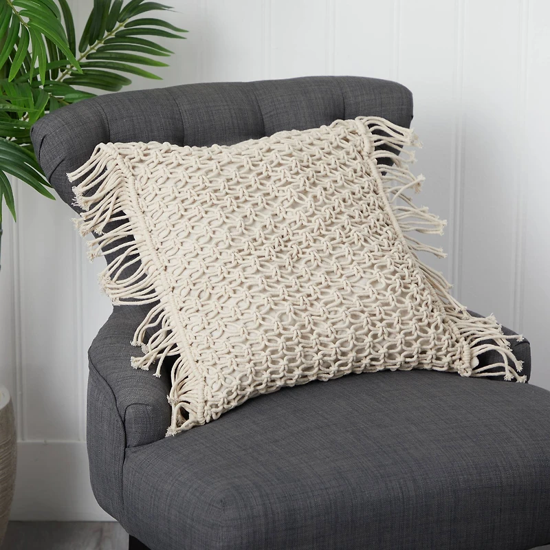 18" Bohemian Fringed Woven Macramé Pillow Cover