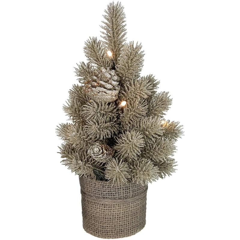 10.25" Pre-Lit Metallic Glitter Artificial Potted Christmas Tree with Burlap Base, Clear LED Lights