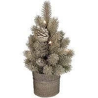 10.25" Pre-Lit Metallic Glitter Artificial Potted Christmas Tree with Burlap Base, Clear LED Lights
