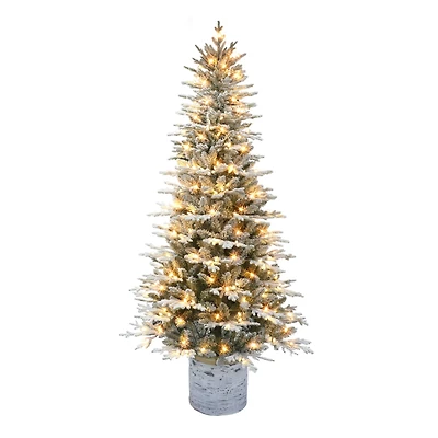 7.5ft. Pre-Lit Flocked Arctic Fir Potted Artificial Christmas Tree, White LED Lights