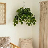 24" UV Resistant Artificial LED Pothos in White Hanging Basket