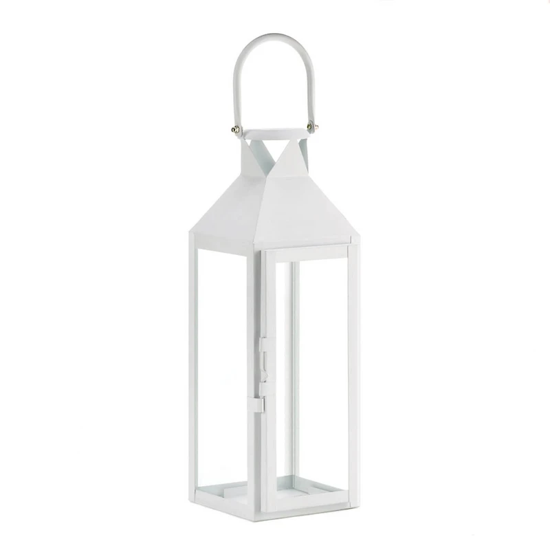 15" Sleek White Metal Manhattan Candle Lantern with Handle